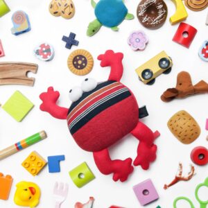 Big group of children's toys on white background, top view.